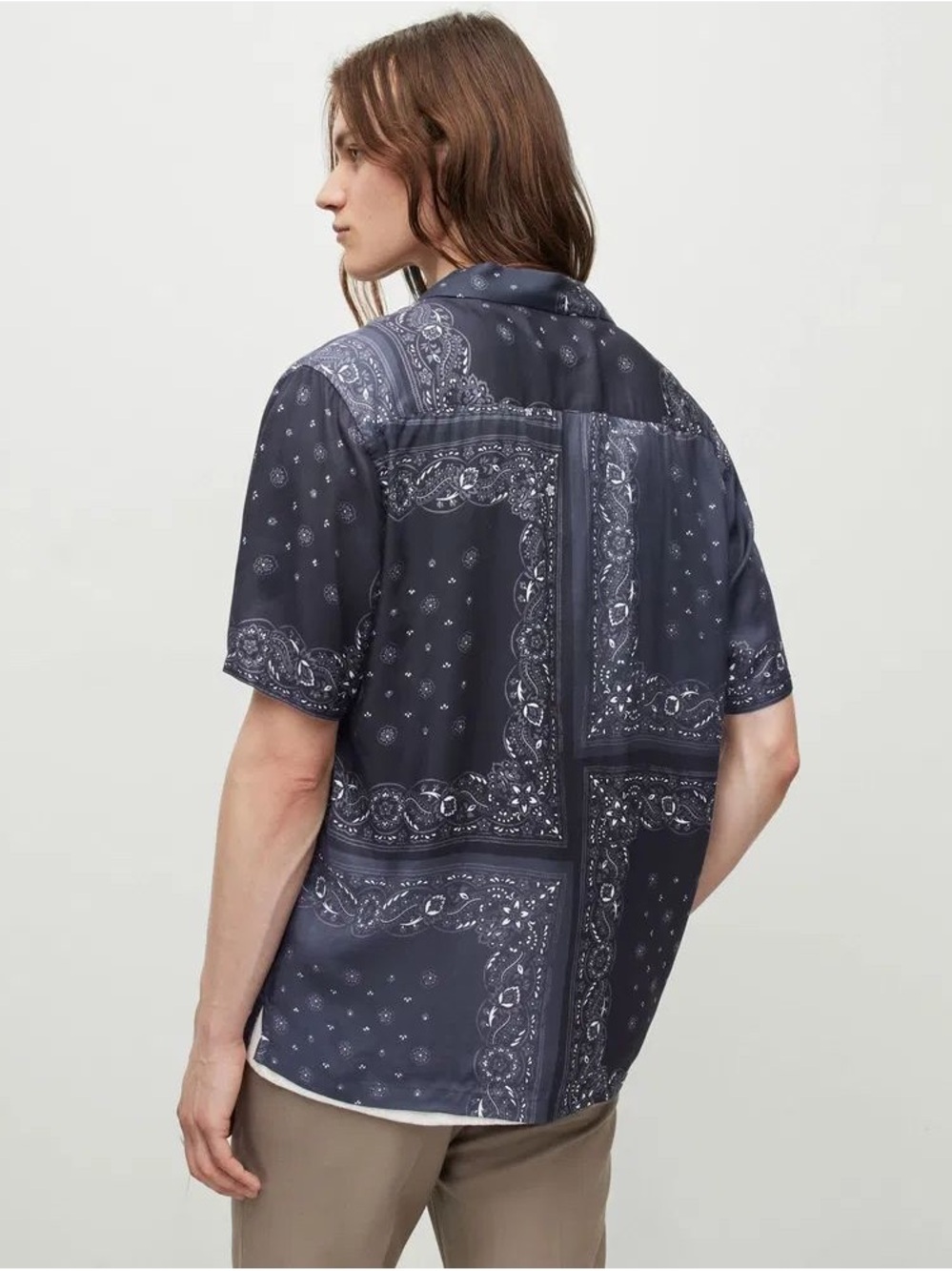All Saints Navy Bandana-Print Short Sleeve Button-Front Shirt - Picture 3 of 9